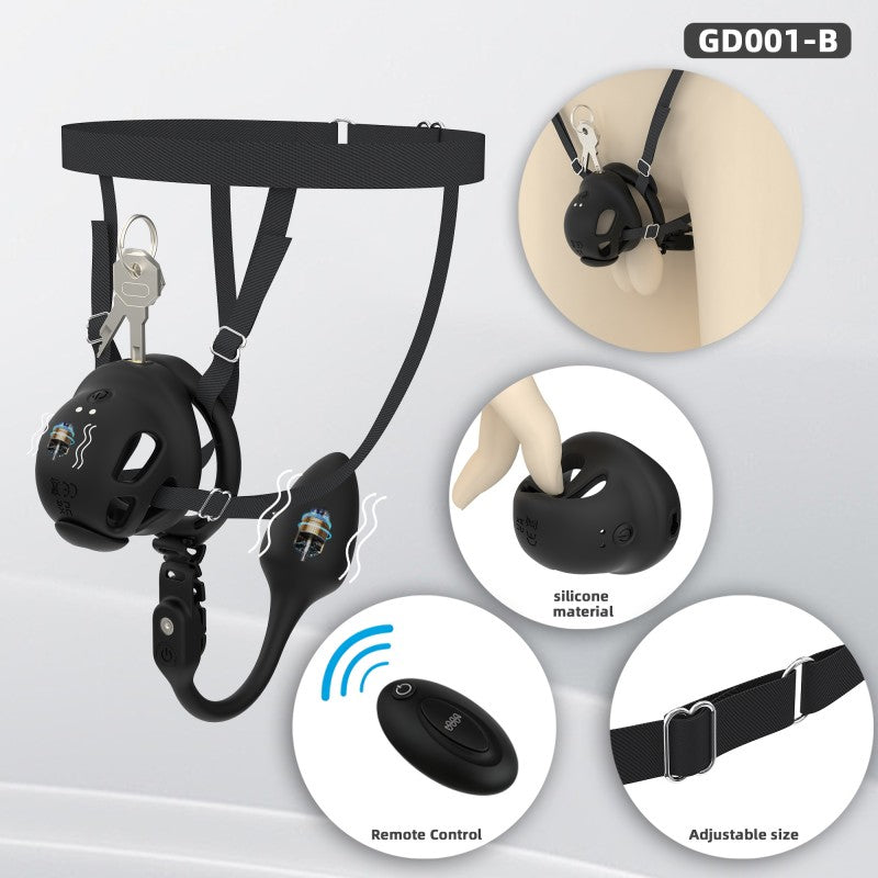 Black GD001 electric silicone chastity cage with harness, plug and remote