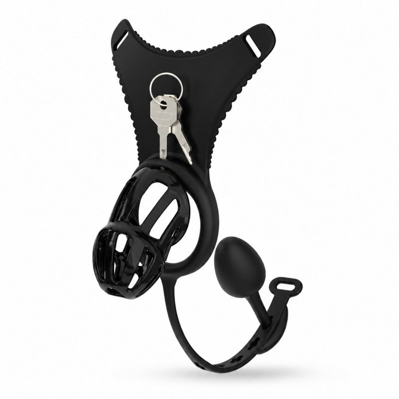 Black GSD D2 modular silicone chastity cage with harness and remote