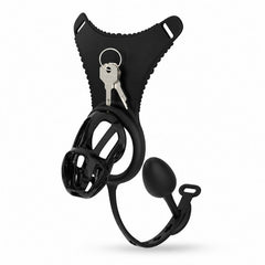 Black GSD D2 modular silicone chastity cage with harness and remote
