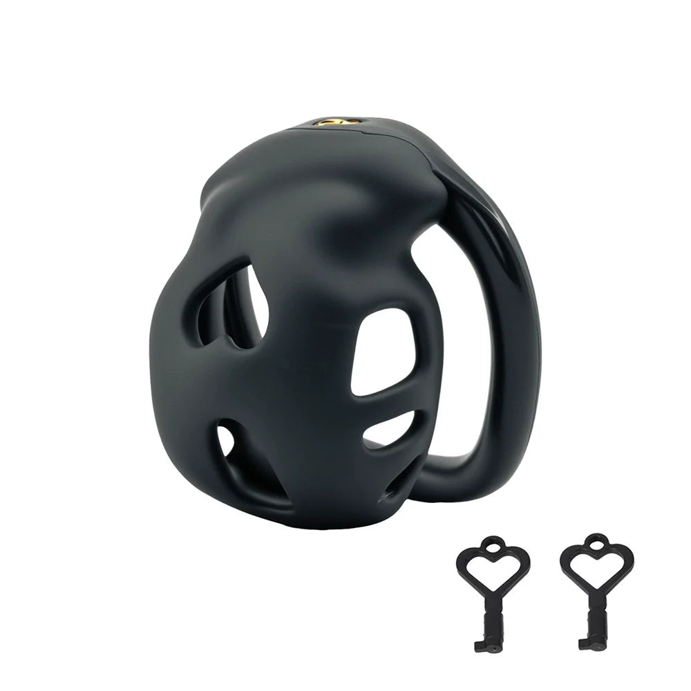 Black heart-detail ventilated resin chastity cage with keys