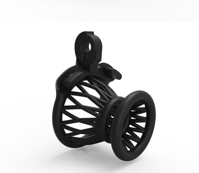 Angled view of black inverted resin basket cage
