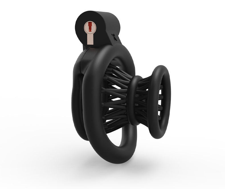 Side view of black inverted 3D-printed resin chastity cage