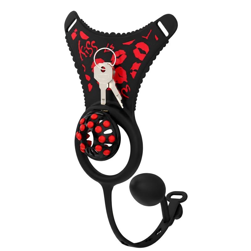 Black Kiss silicone chastity thong with soft-spike cage, plug and remote