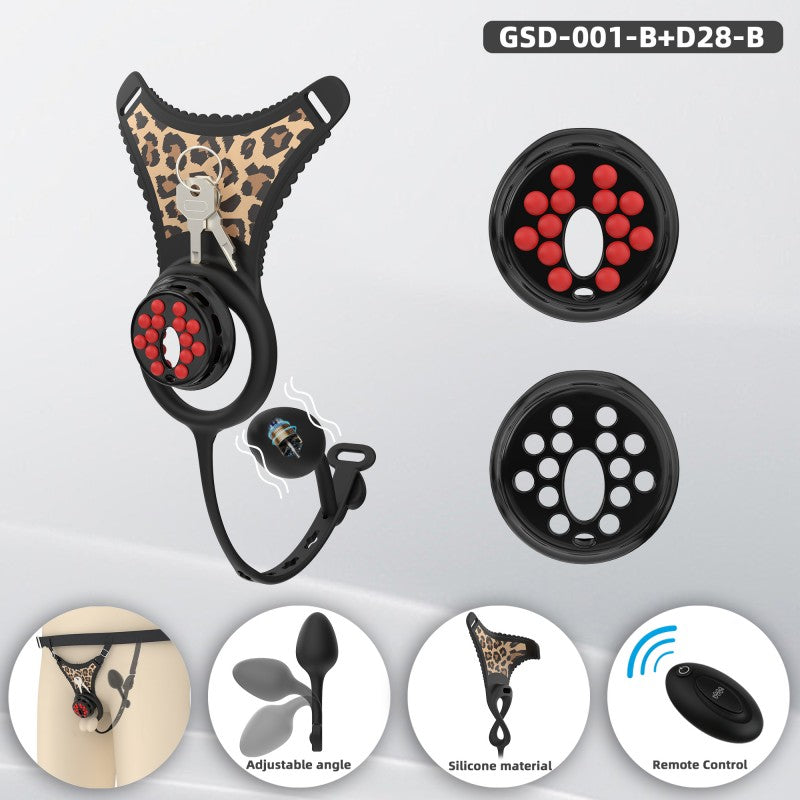 Black leopard flat-head silicone chastity harness with cage, plug and remote