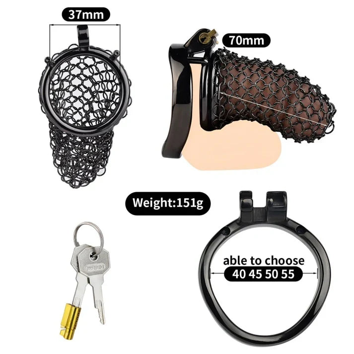 Black 70 mm mesh chastity cage size view