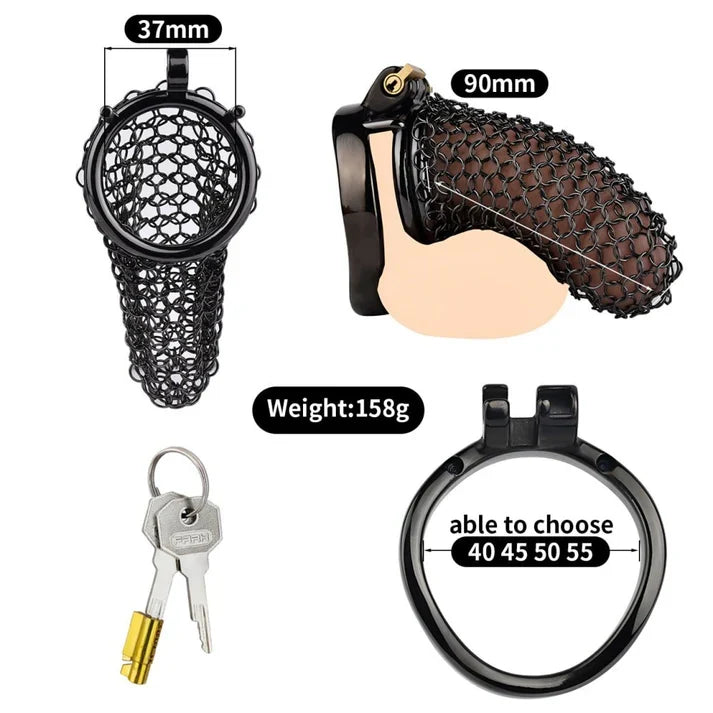 Black 90 mm flexible mesh chastity cage with lock set