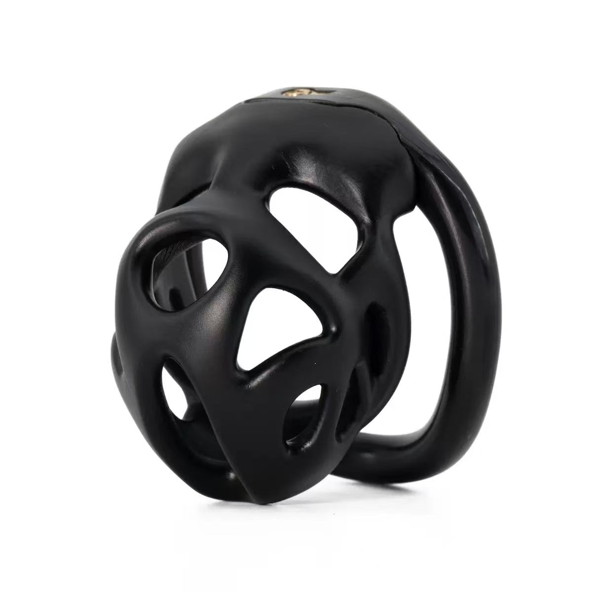 Black openwork resin chastity cage front angle