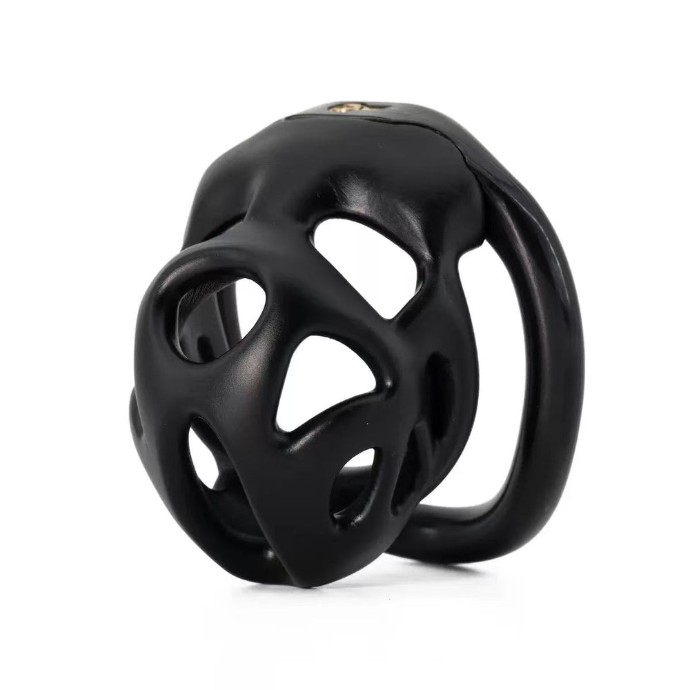 Black openwork resin chastity cage front angle
