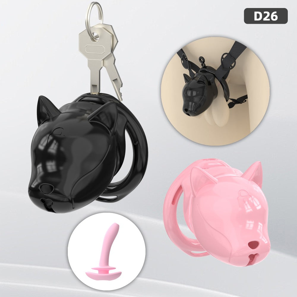 Black and pink puppy-shaped chastity cage color options