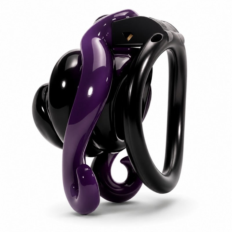 Side view of black-purple octopus resin chastity cage