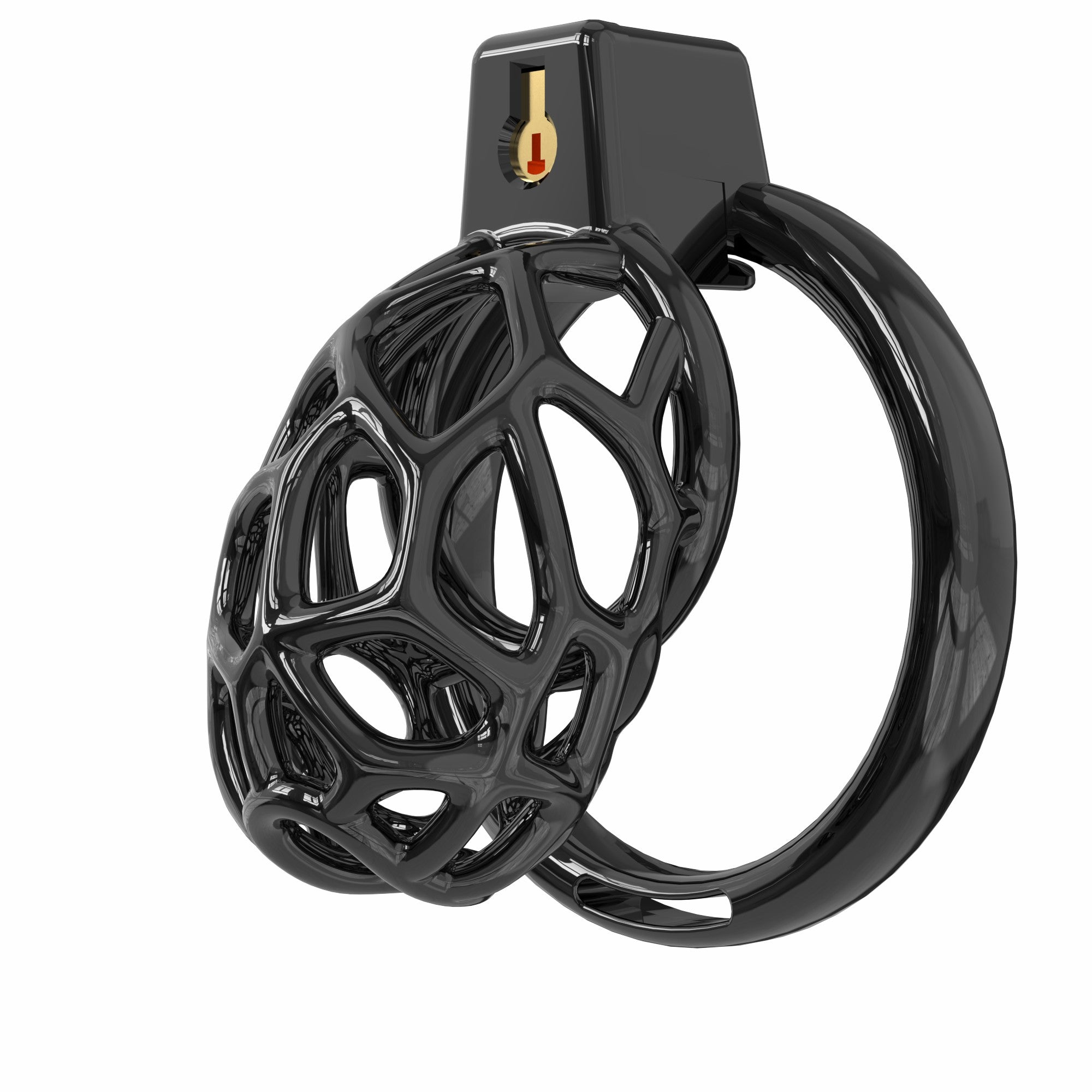 Angled view of black random-mesh resin chastity cage