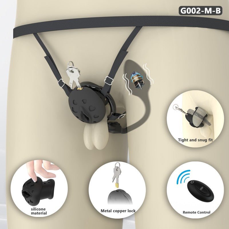 Black recessed silicone chastity cage shown with adjustable harness