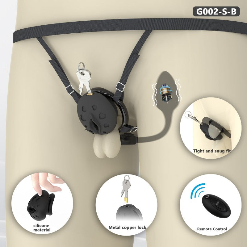 Black S-size recessed silicone chastity cage with adjustable harness