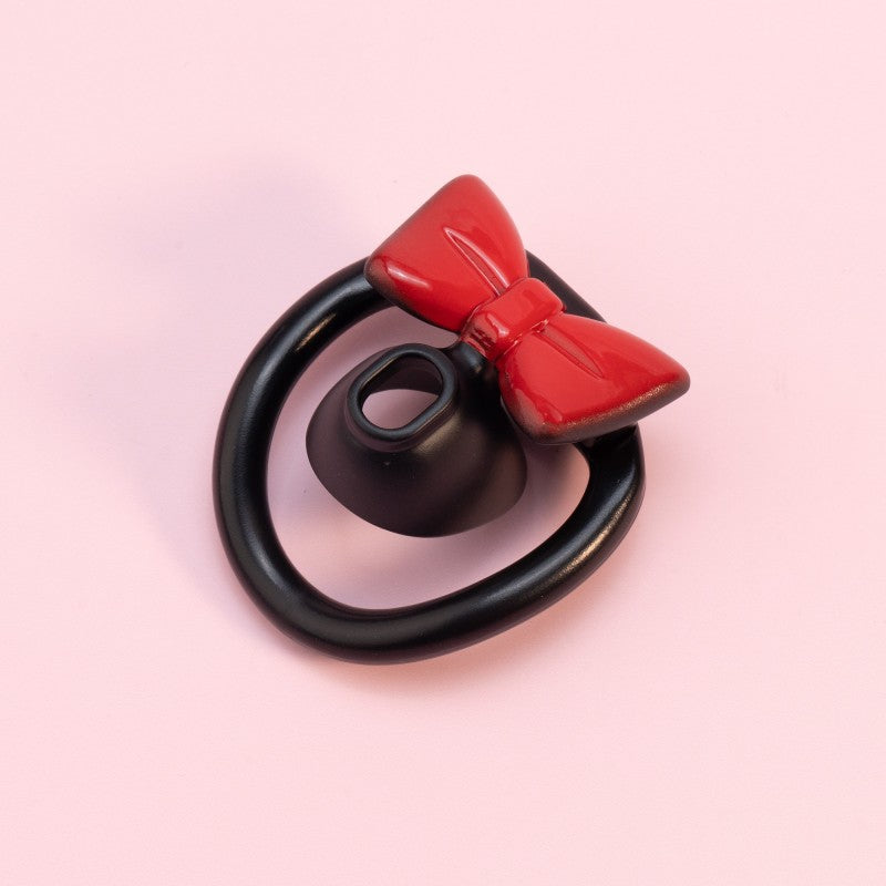 Black flat chastity ring set with glossy red bow