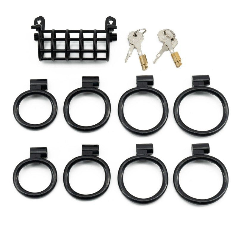 Black shared chastity cage with ring sets and keys