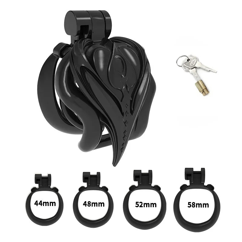 Black shield chastity cage with four rings, lock and keys