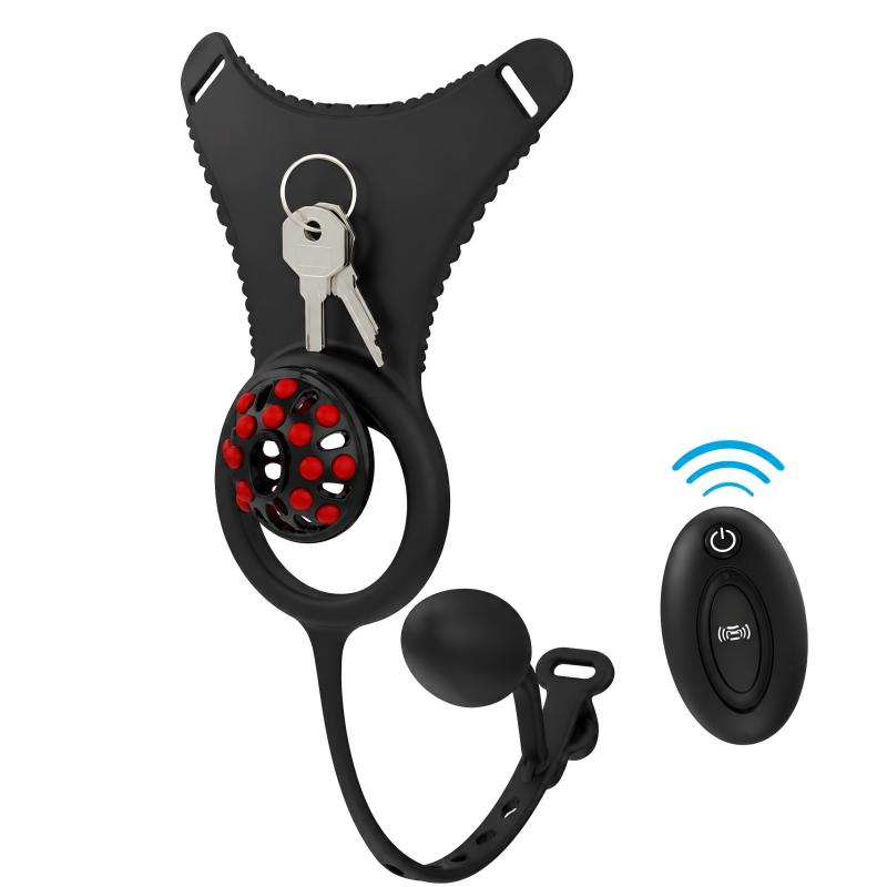 Black silicone chastity thong set with cage, vibrating plug and remote control