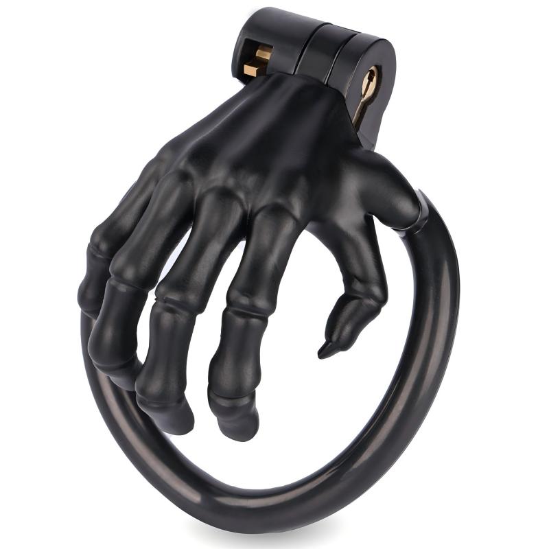 Black skeleton-hand resin chastity cage with four rings and keys