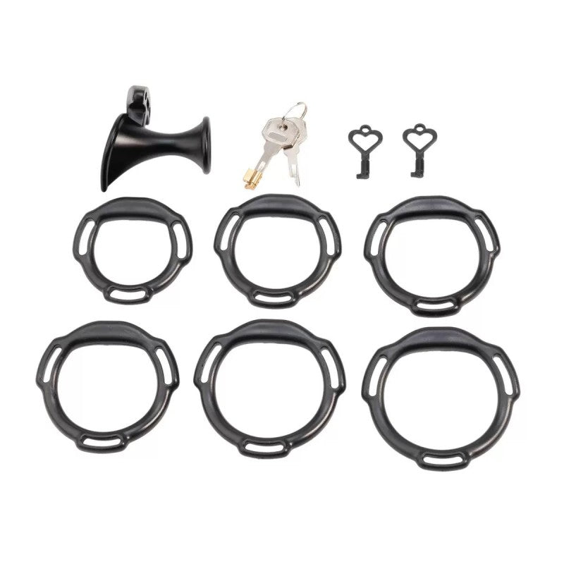 Black teardrop negative lock with six rings and heart-shaped keys