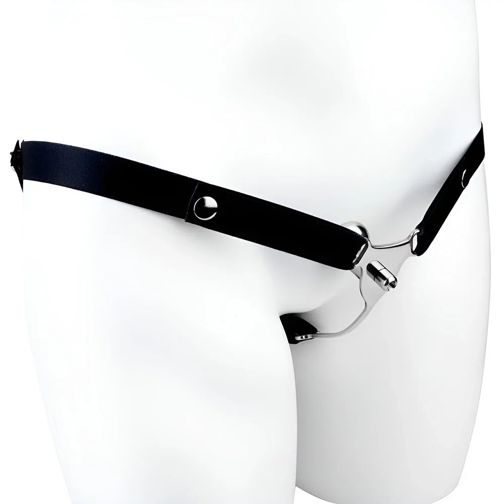 Black three-way chastity belt shown from the rear