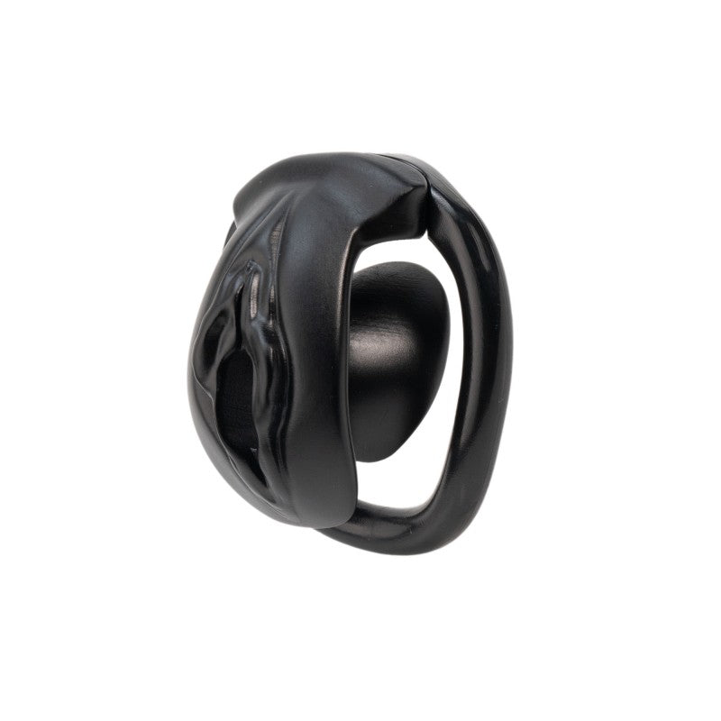 Black vulva-shaped flat chastity cage side view