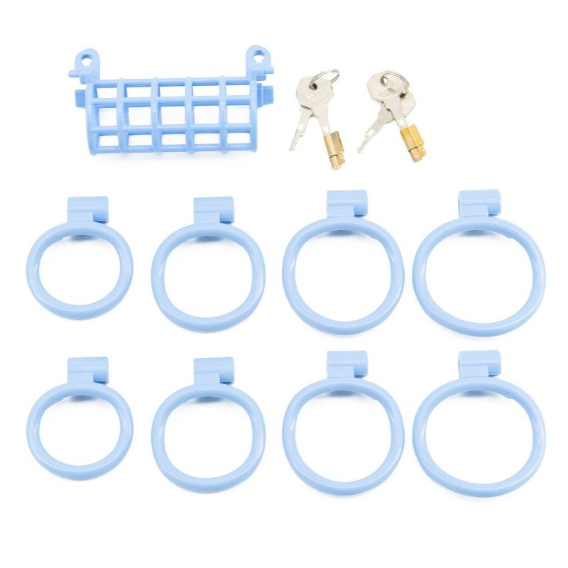 Blue shared chastity cage with ring sets and keys