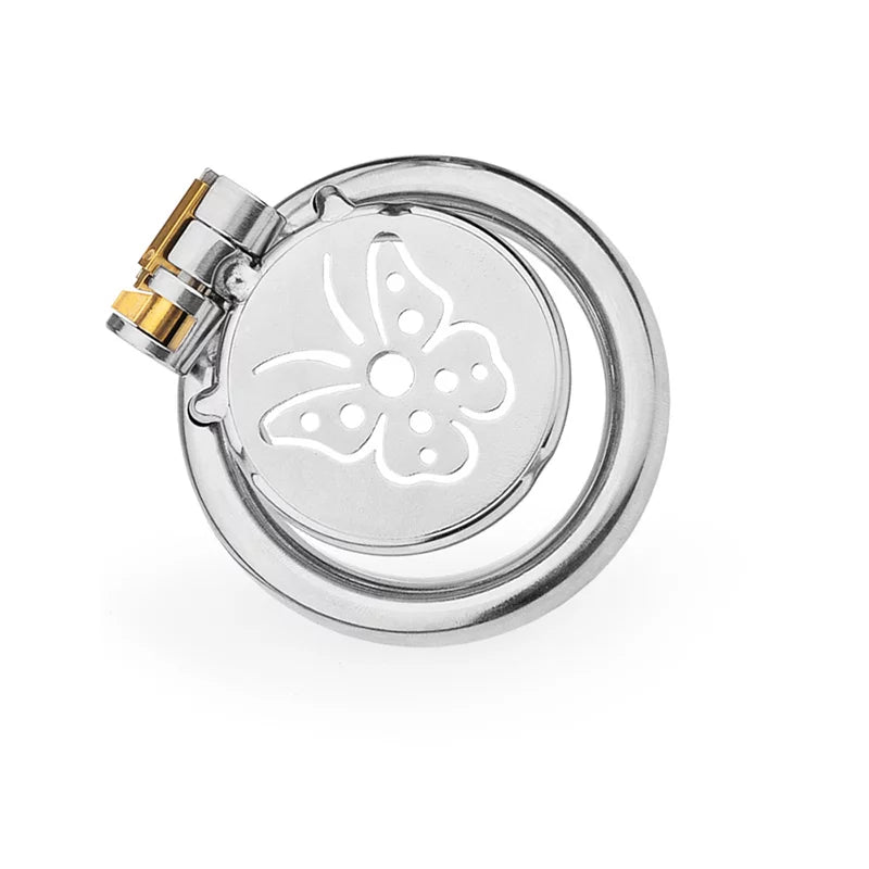 Butterfly-cutout flat stainless steel chastity cage front view