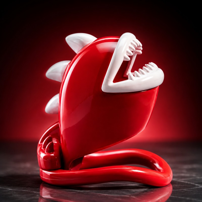 Red carnivorous plant resin chastity cage with white teeth