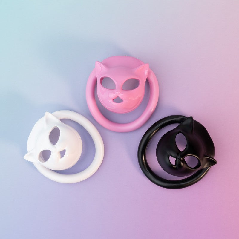 White pink and black cat face chastity cage color options