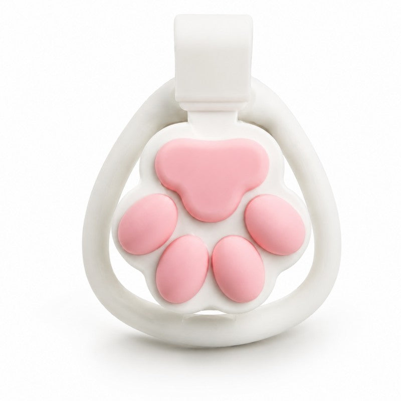 Front view of white cat paw chastity device with pink silicone pads