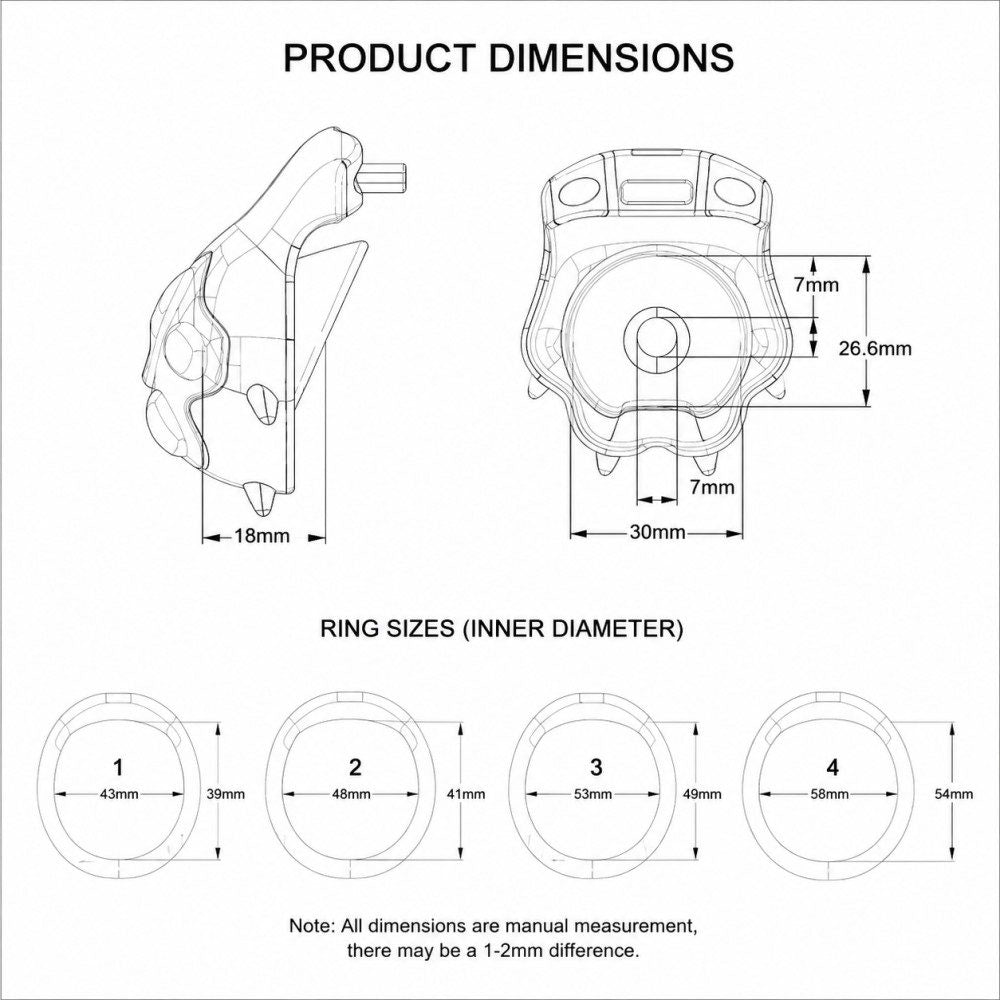 Cat paw lock dimensions and four fitted ring sizes