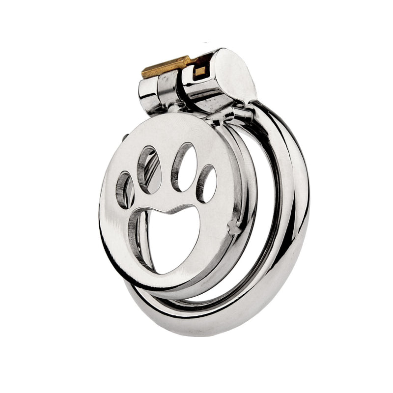 Front view of polished Cat’s Paw flat chastity cage