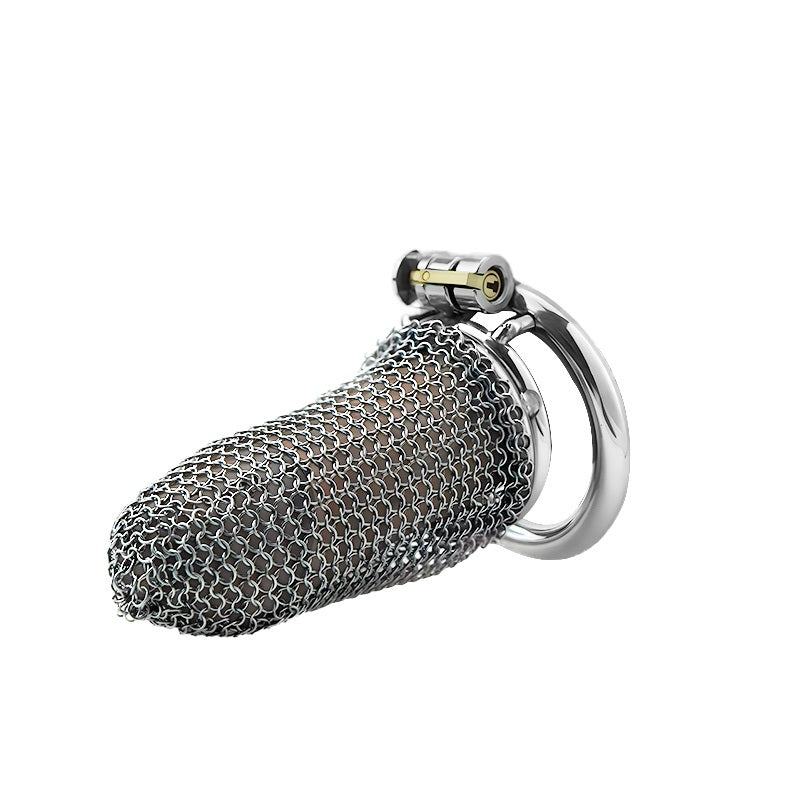 Side angle of chainmail cage with locking base