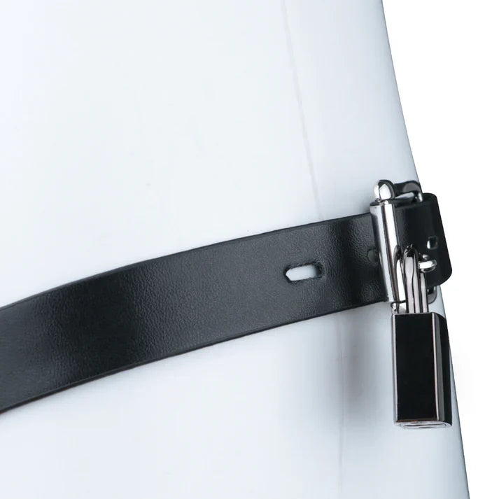 Side detail of black waist belt and padlock