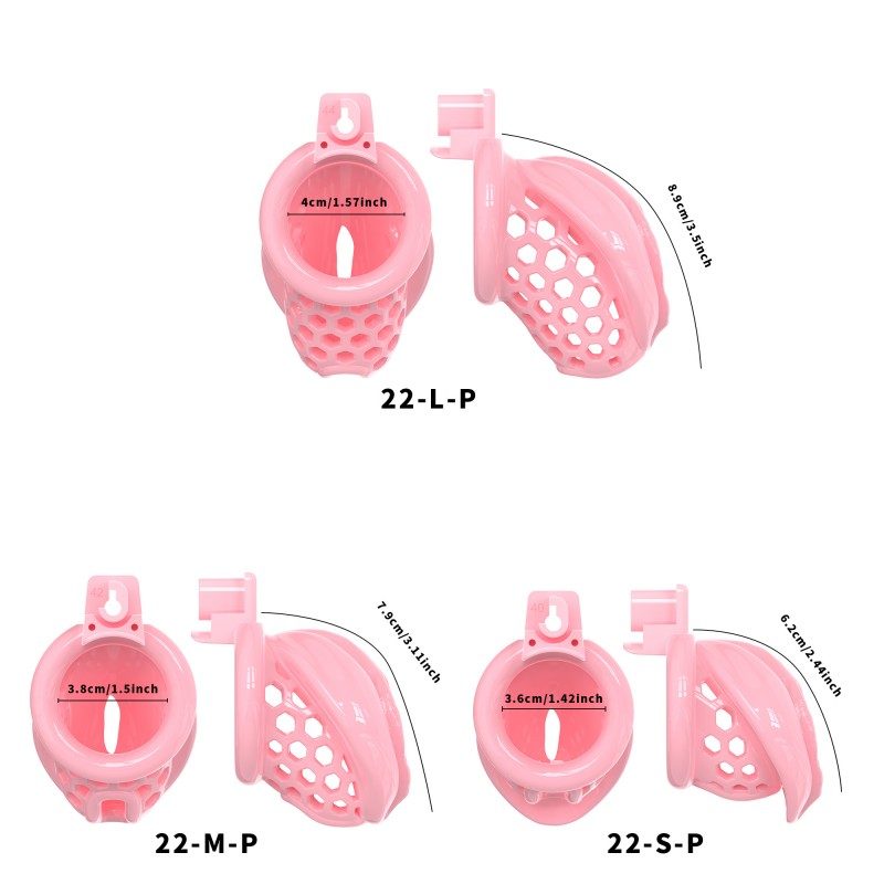 Clitoral-inspired silicone chastity cage S, M and L size comparison