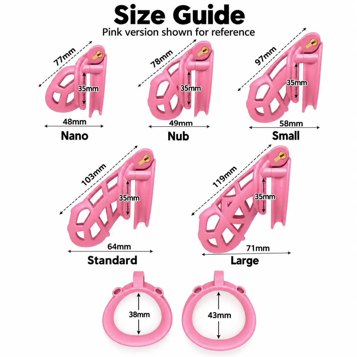 Pink Cobra 6.0 size guide showing Nano, Nub, Small, Standard and Large cage dimensions with 38 and 43 mm ring examples
