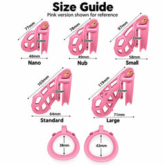 Pink Cobra 6.0 size guide showing Nano, Nub, Small, Standard and Large cage dimensions with 38 and 43 mm ring examples
