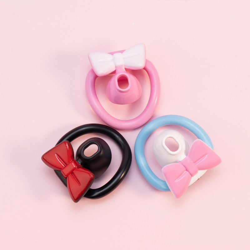 Three cute bow flat chastity sets in black red, pink white and blue pink