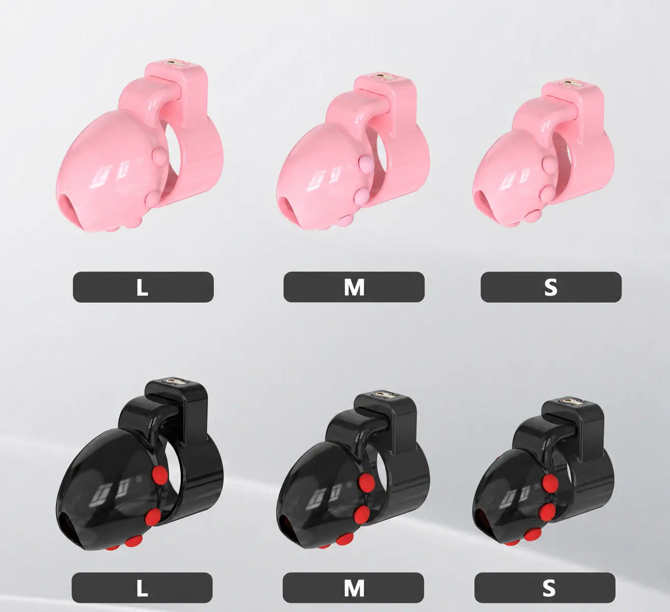 Black and pink D35 ringless head-enclosing locks arranged in L, M and S sizes
