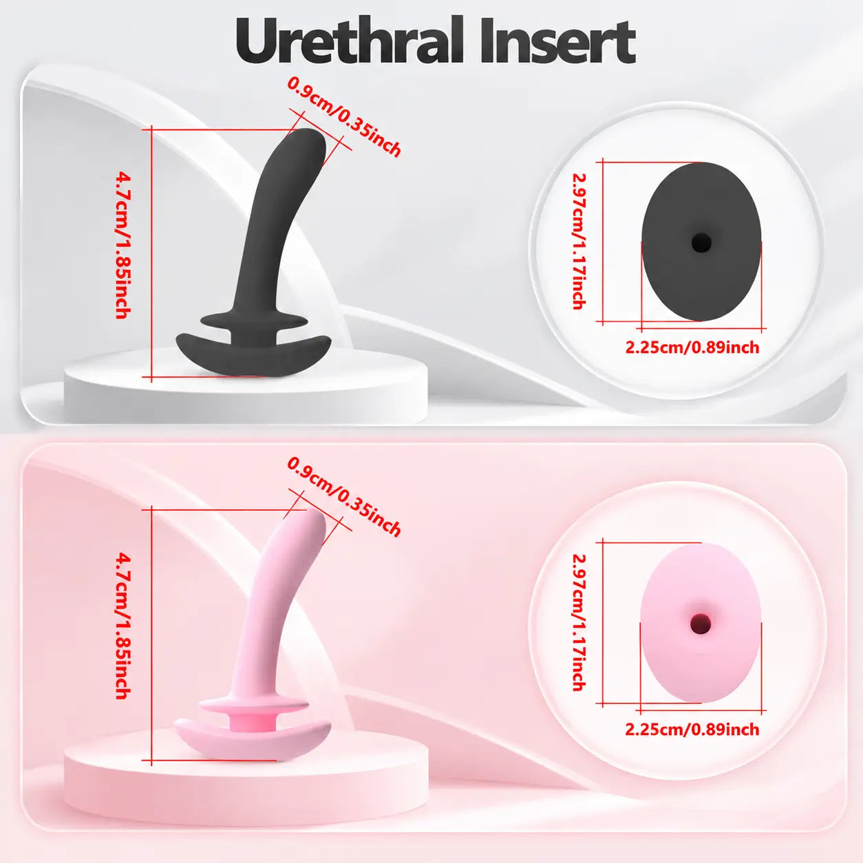 Dimension diagram of the black and pink removable silicone urethral inserts for the D35 lock
