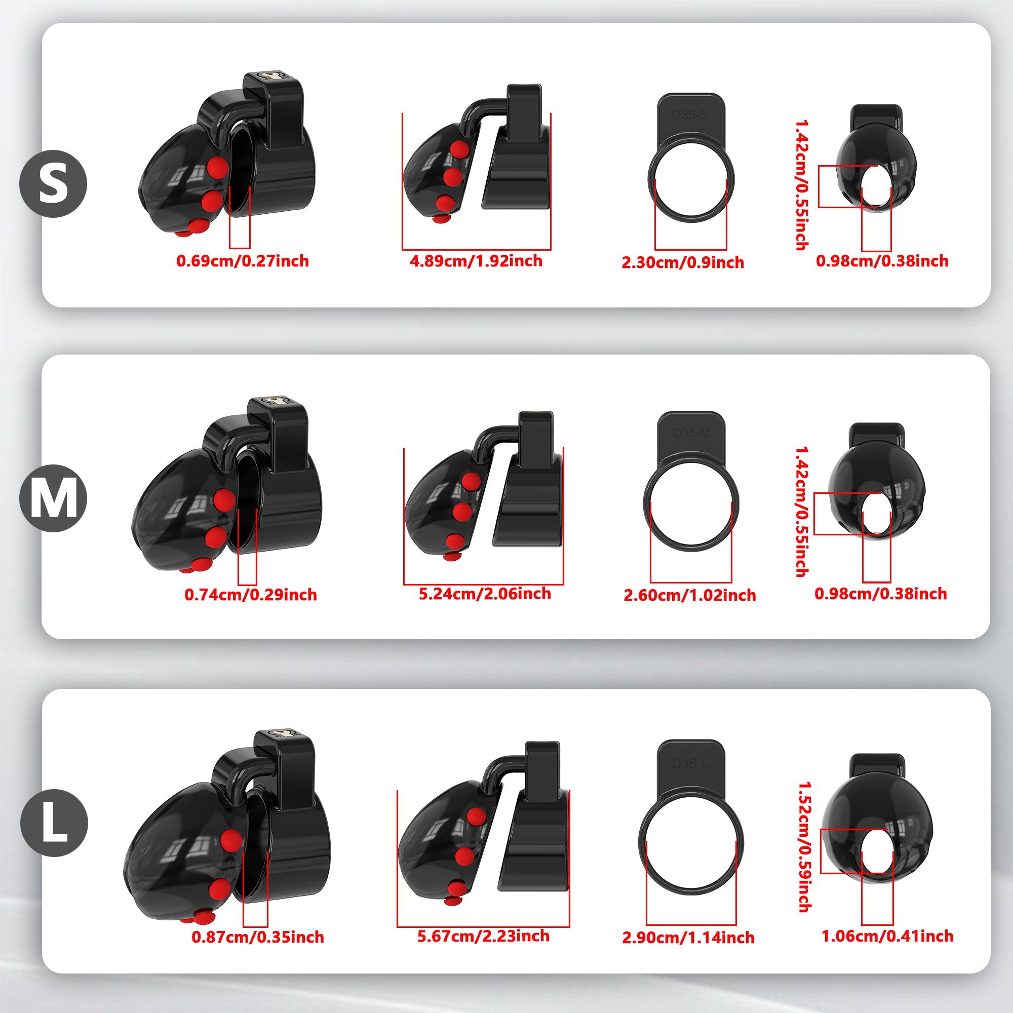 Black D35 S, M and L measurement chart showing external overall spans, rear openings and front apertures
