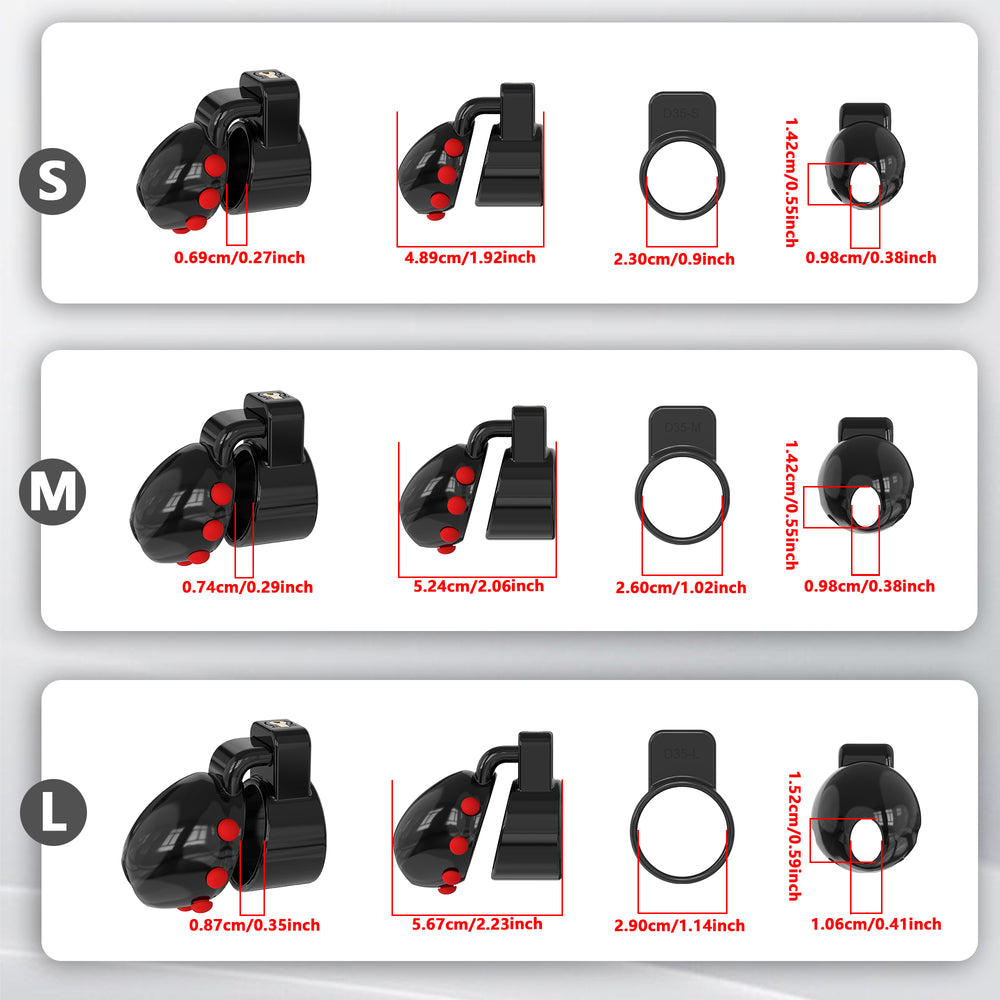 Black D35 S, M and L measurement chart showing external overall spans, rear openings and front apertures
