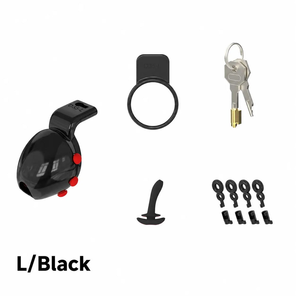 Black size L D35 lock, retaining ring, keys, insert and plastic locks on a white background
