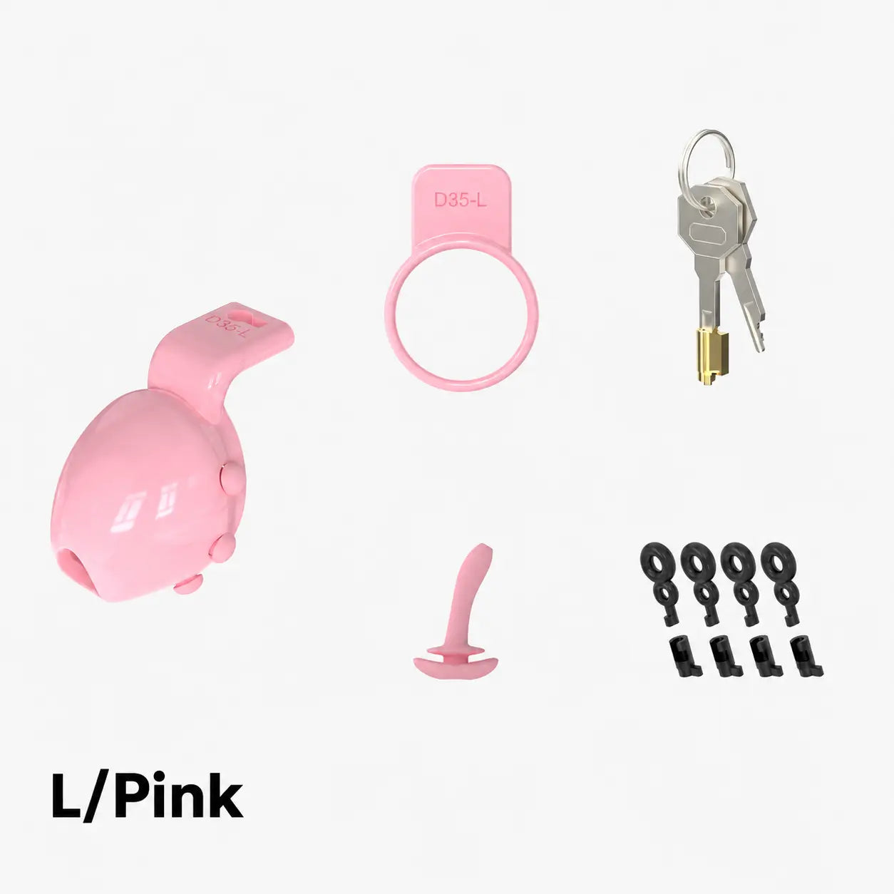 Pink size L D35 lock, retaining ring, keys, insert and plastic locks on a white background
