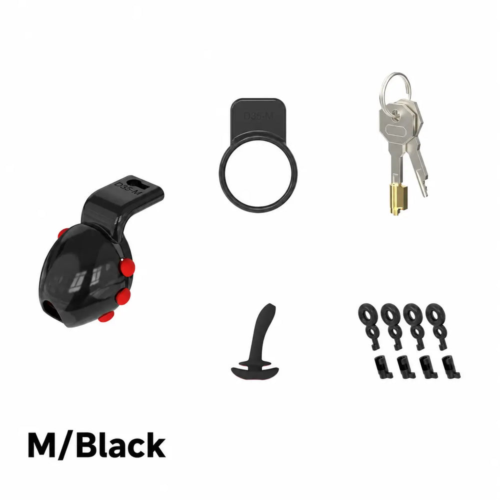 Black size M D35 lock, retaining ring, keys, insert and plastic locks on a white background

