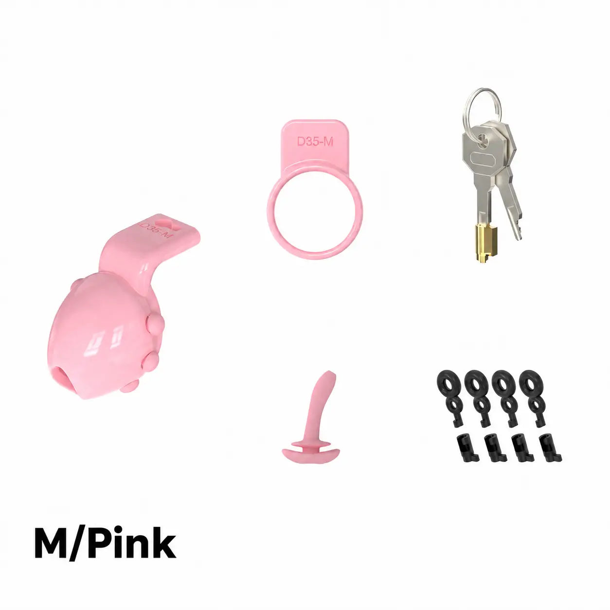 Pink size M D35 lock, retaining ring, keys, insert and plastic locks on a white background
