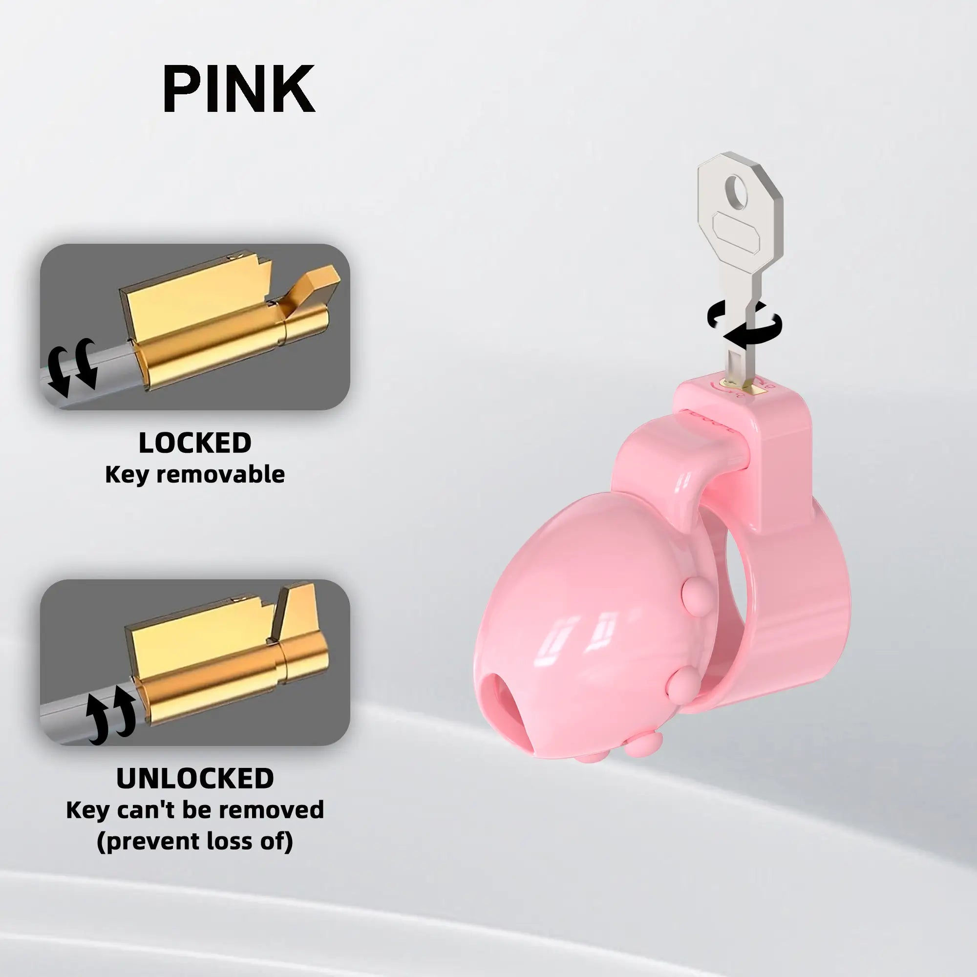 Pink D35 lock with diagrams of the metal lock in locked and unlocked positions
