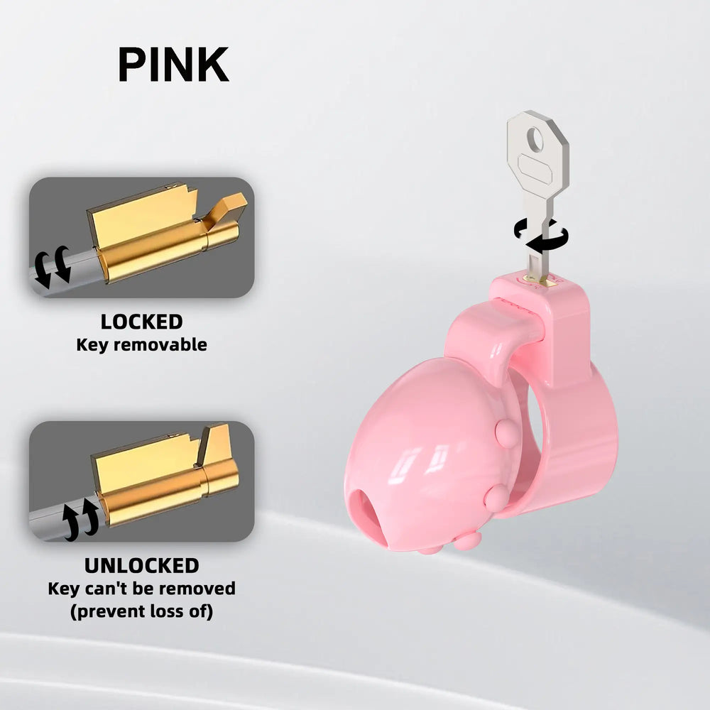 Pink D35 lock with diagrams of the metal lock in locked and unlocked positions
