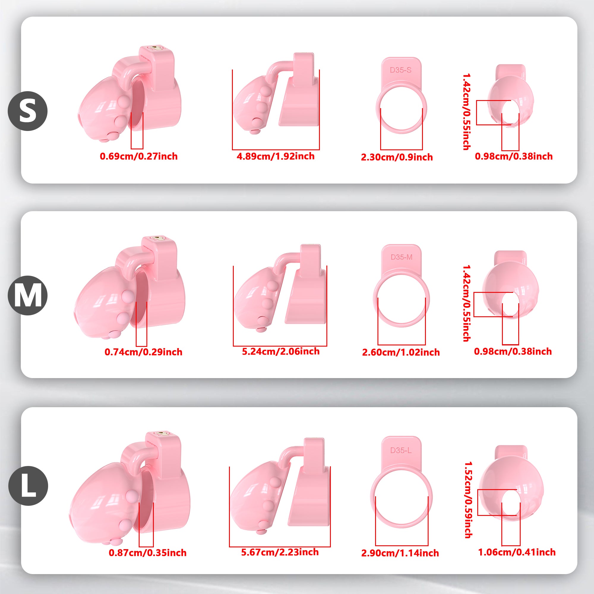 Pink D35 S, M and L measurement chart showing external overall spans, rear openings and front apertures