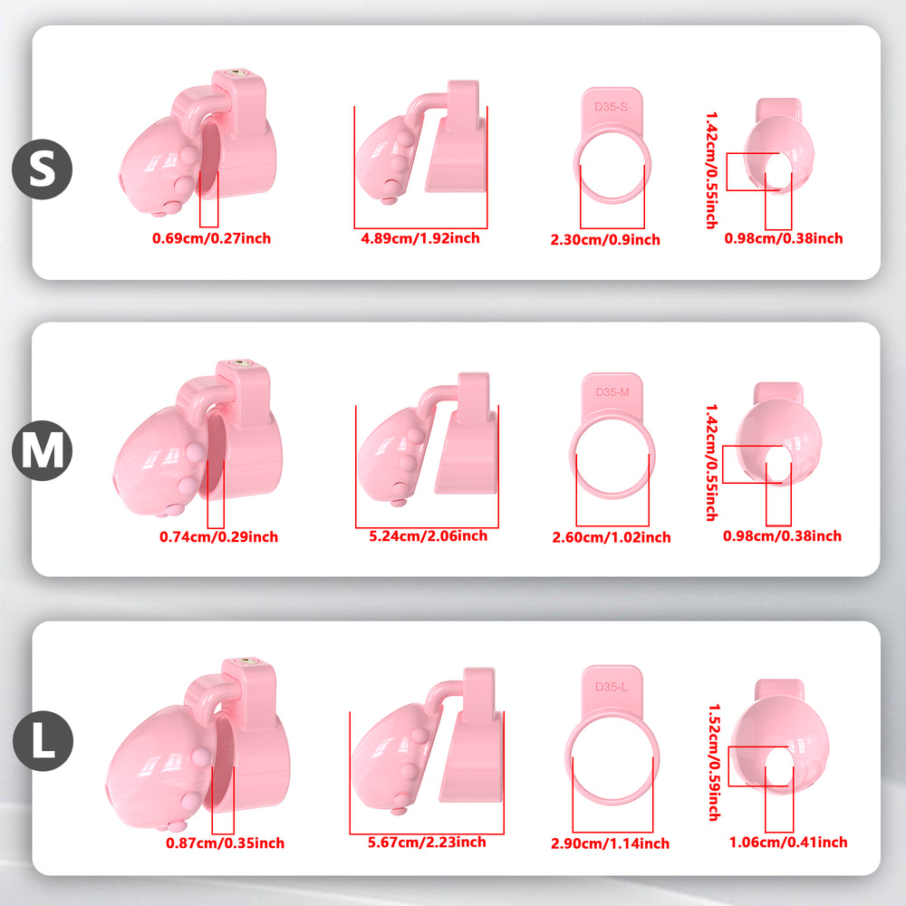 Pink D35 S, M and L measurement chart showing external overall spans, rear openings and front apertures